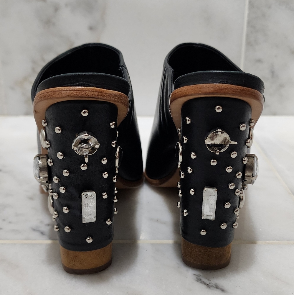 Tibi Britt Mules Black Leather Jeweled Studded Wedge 38 Open Toe - Picture 15 of 16